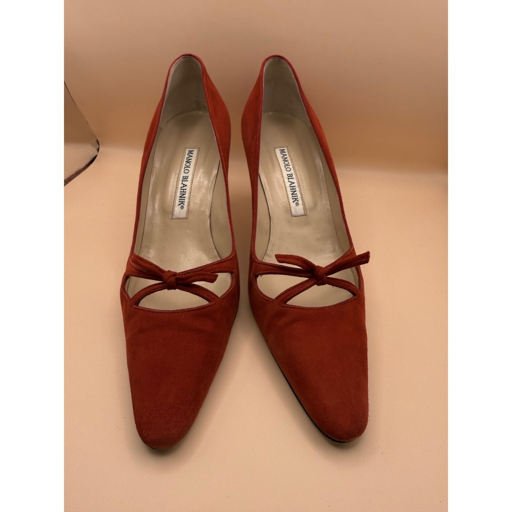 Manolo Blahnik Red Suede Bow Pointed Toe Pumps 37.5 Italy Heels Box Dust Bag